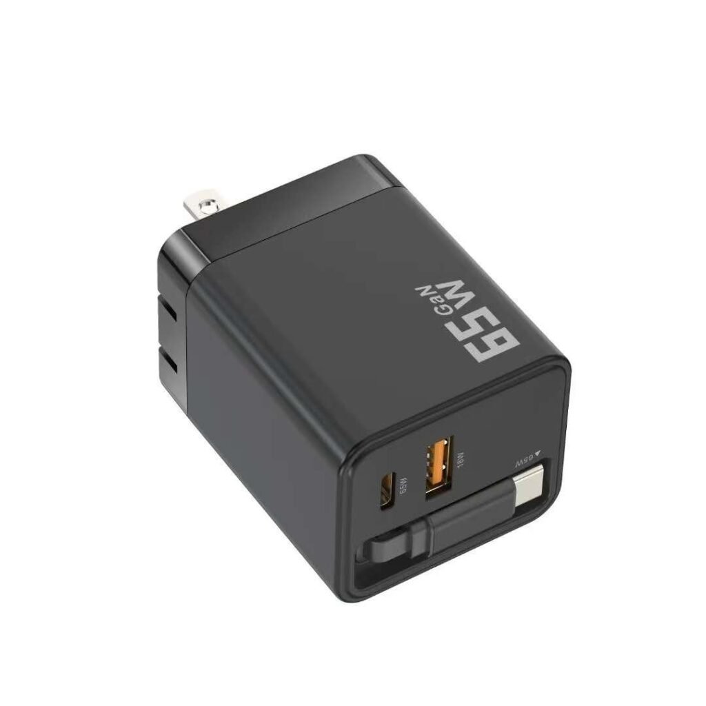 GaN 65W Fast Wall Charger with Built-In Retractable Cable